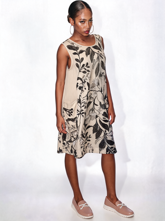 Botanical Midi Floral Print Sleeveless Swing Dress – Beige
