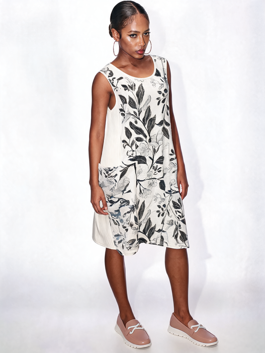 Botanical Midi Floral Print Sleeveless Swing Dress – White