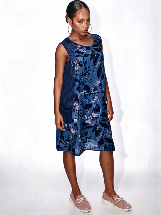 Botanical Midi Floral Print Sleeveless Swing Dress – Navy