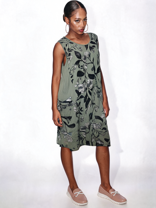 Botanical Midi Floral Print Sleeveless Swing Dress – Khaki