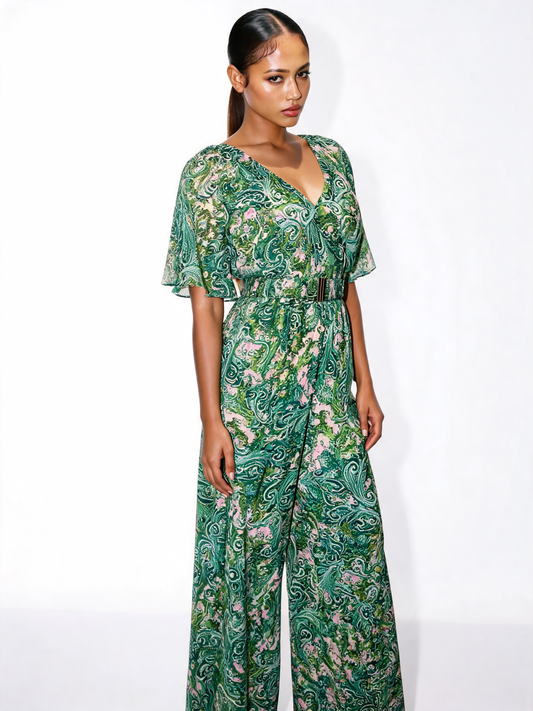 Paisley Print Belted Jumpsuit – Wide Leg Flutter Sleeve - Green