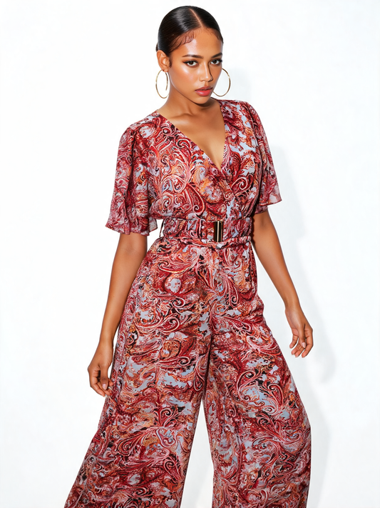 Paisley Print Belted Jumpsuit – Wide Leg Flutter Sleeve - Coral and Burgundy