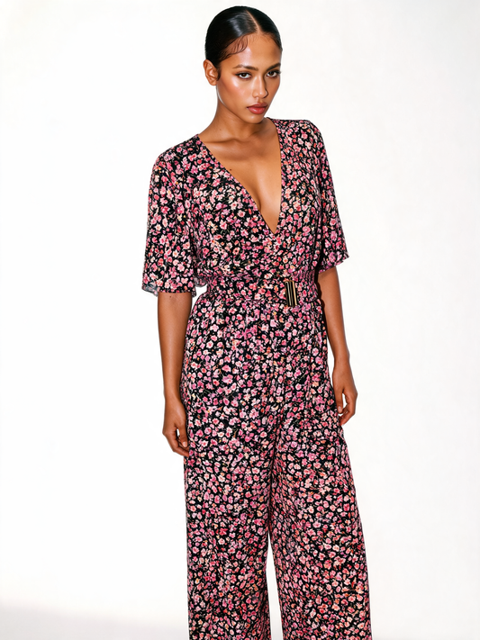 Ditsy Floral Belted Jumpsuit – Wide Leg Flutter Sleeve - Black and Pink