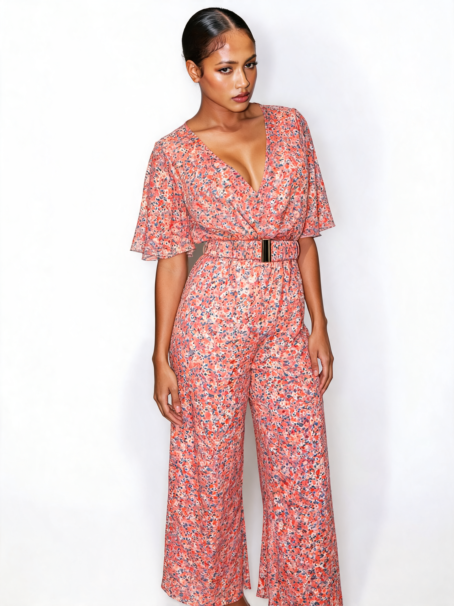 Ditsy Floral Belted Jumpsuit – Wide Leg Flutter Sleeve - White and Pink