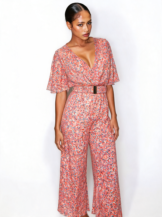 Ditsy Floral Belted Jumpsuit – Wide Leg Flutter Sleeve - White and Pink