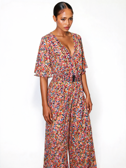 Abstract Floral Belted Jumpsuit – Wide Leg Flutter Sleeve in Multicolour