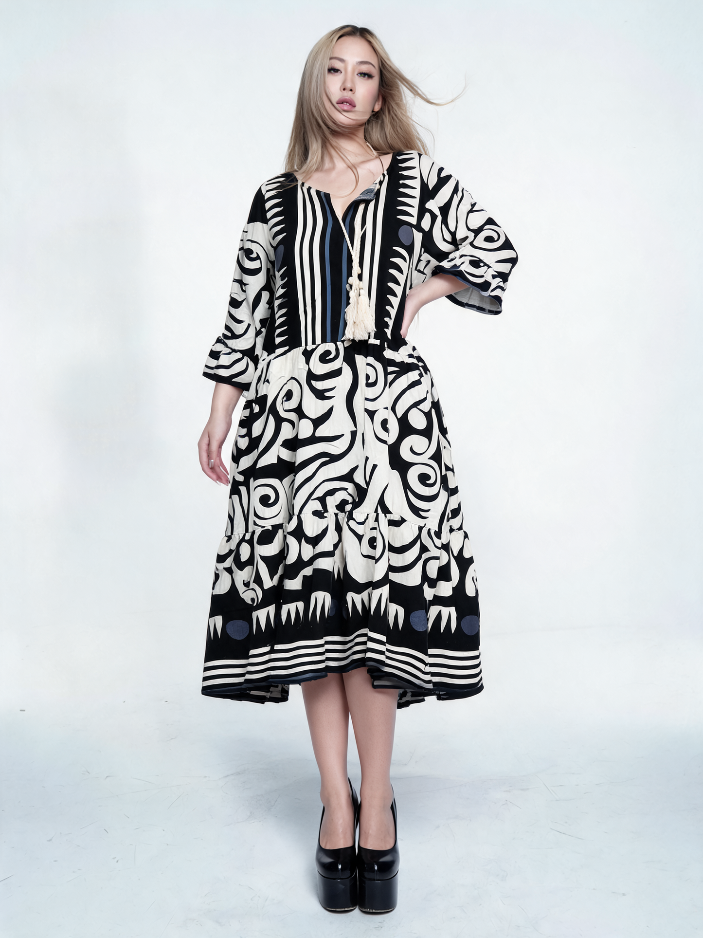 Monochrome Tribal Print Boho Midi Dress - Black