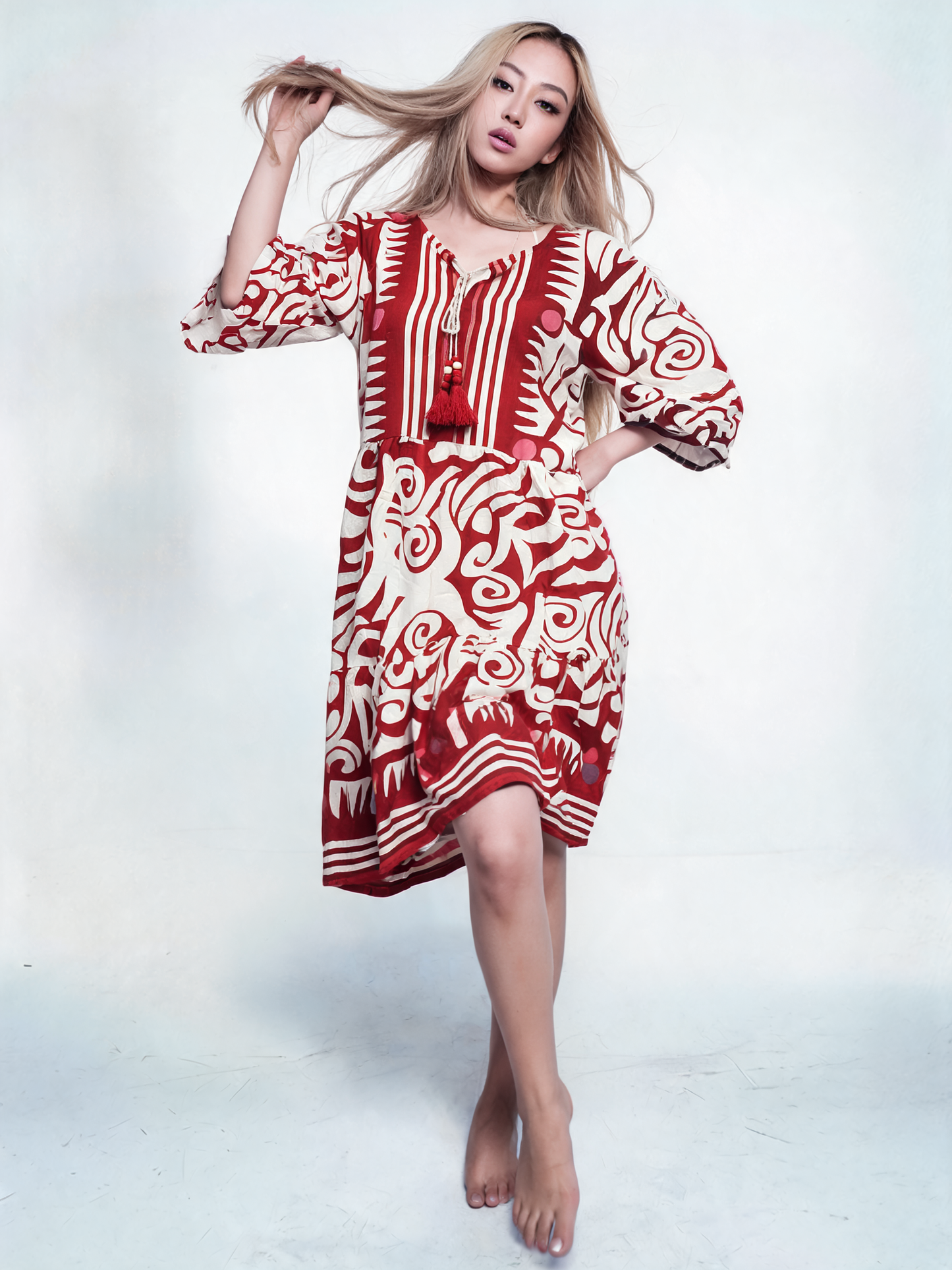 Monochrome Tribal Print Boho Midi Dress - Red