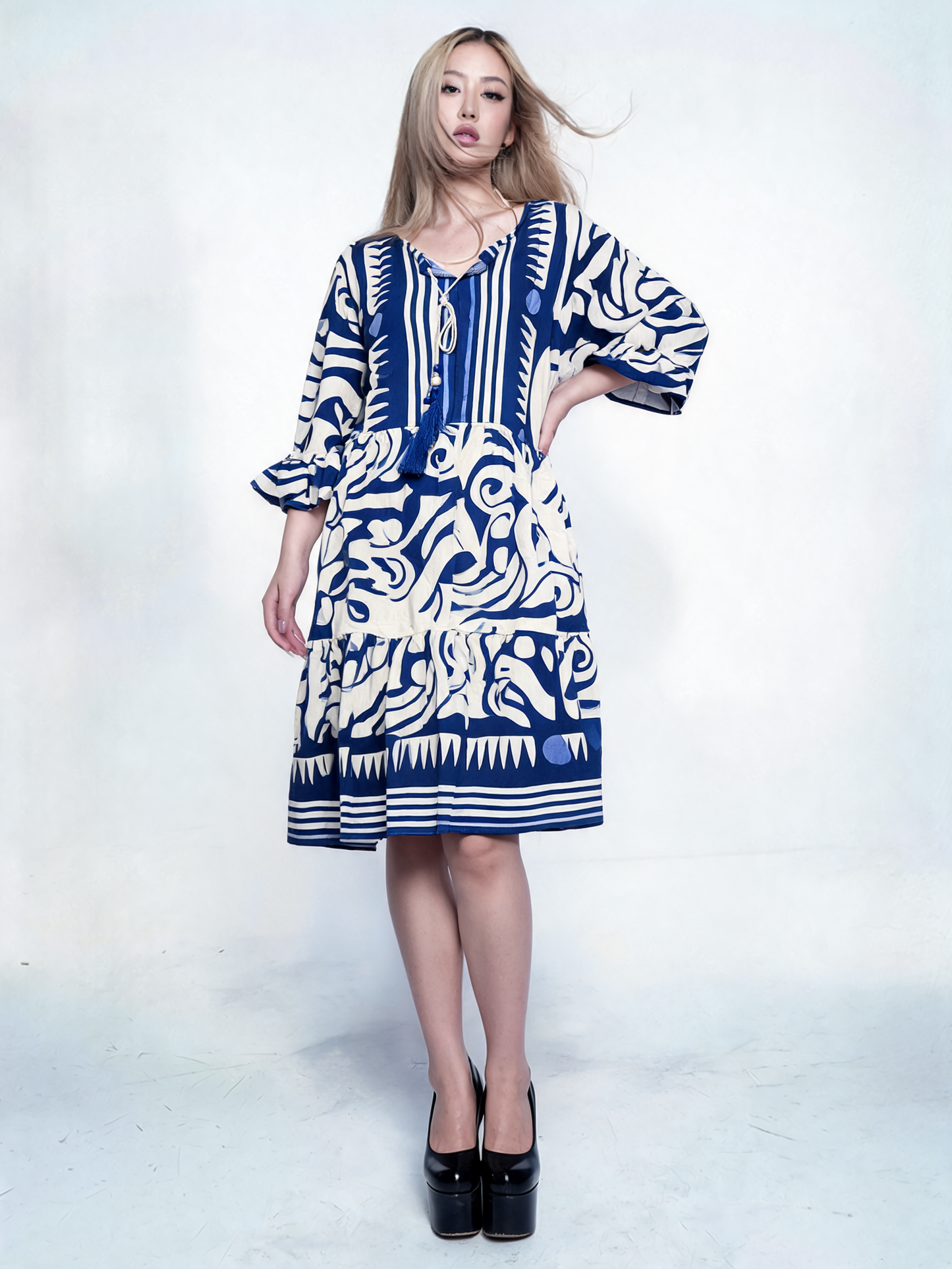 Monochrome Tribal Print Boho Midi Dress - Blue