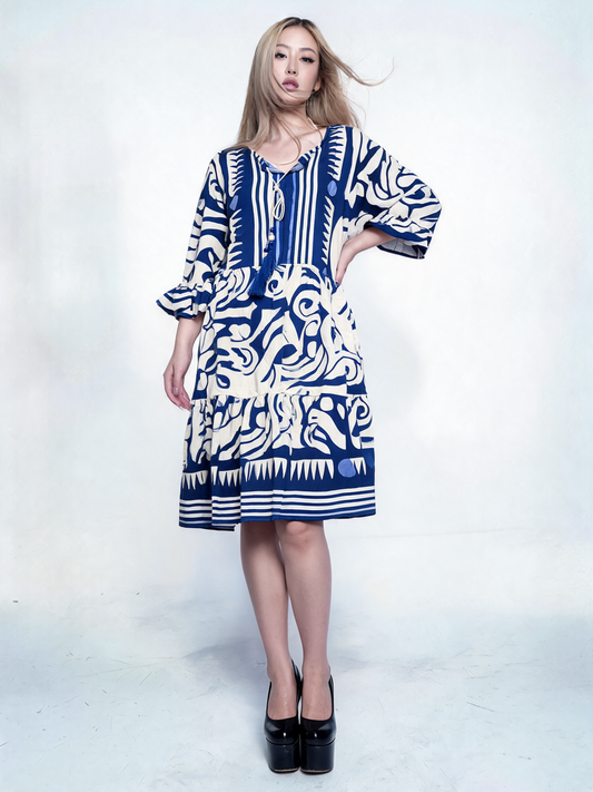 Monochrome Tribal Print Boho Midi Dress - Blue
