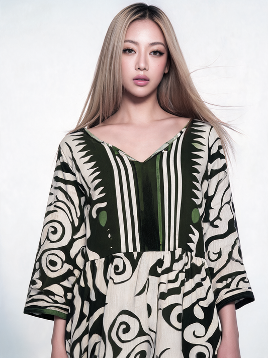 Monochrome Tribal Print Boho Midi Dress - Khaki