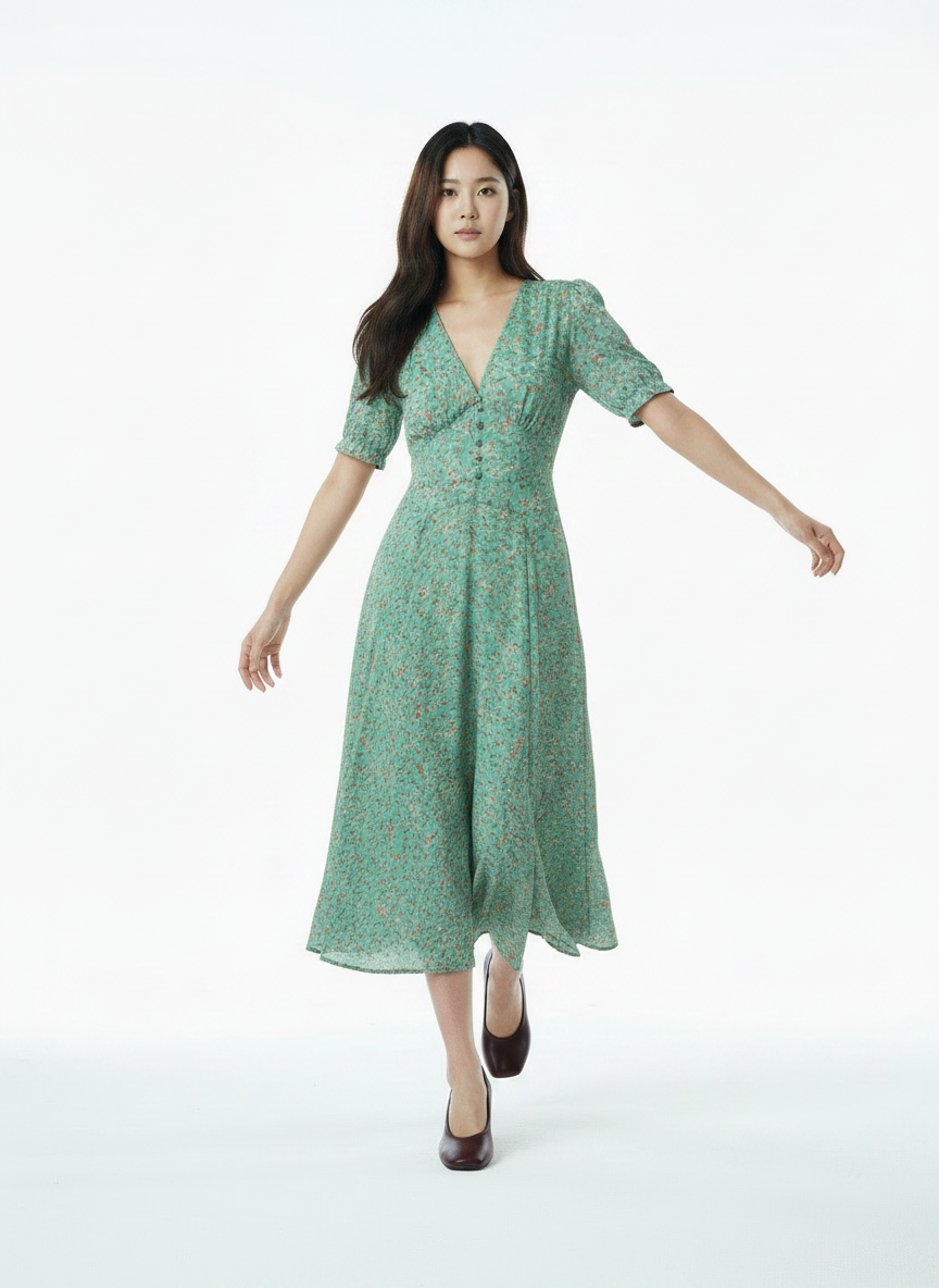 Ditsy Floral Dress – V-Neck Button - Multicolour