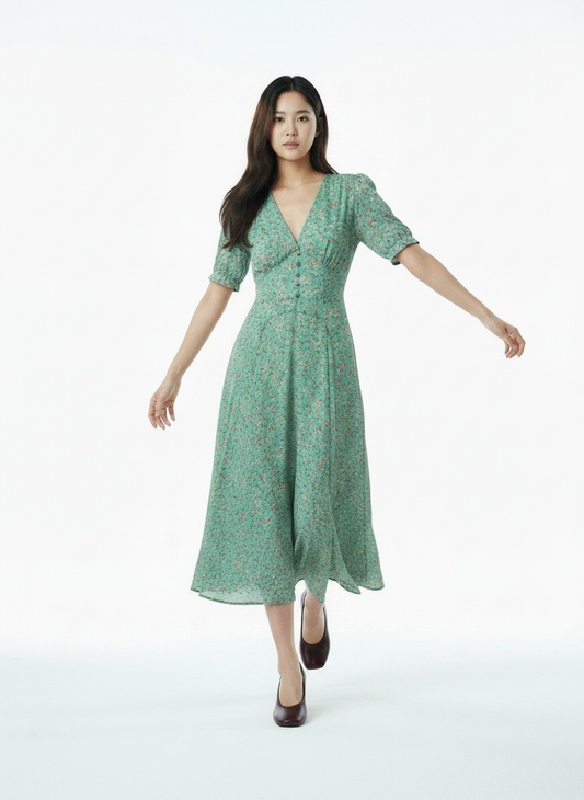 Ditsy Floral Dress – V-Neck Button - Multicolour