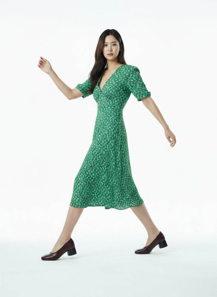 Ditsy Floral Dress – V-Neck Button Puff Sleeve - Multicolour