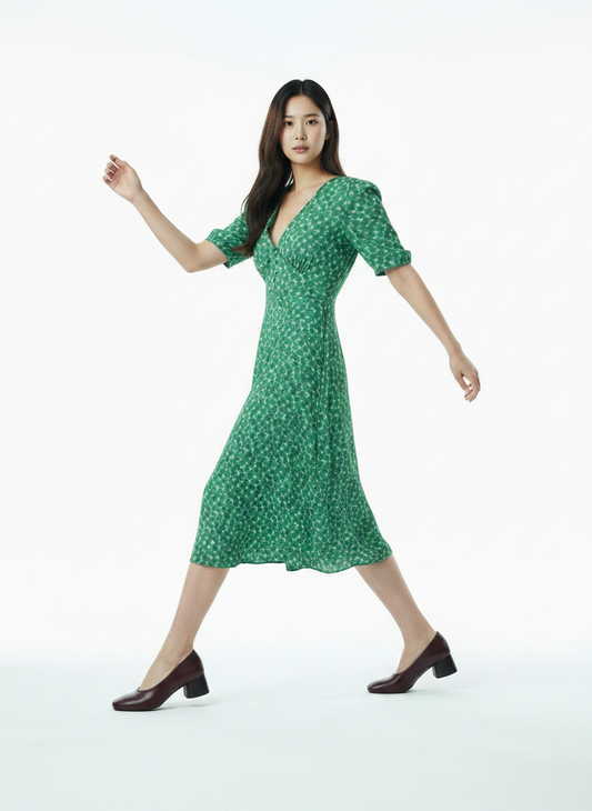 Ditsy Floral Dress – V-Neck Button Puff Sleeve - Multicolour
