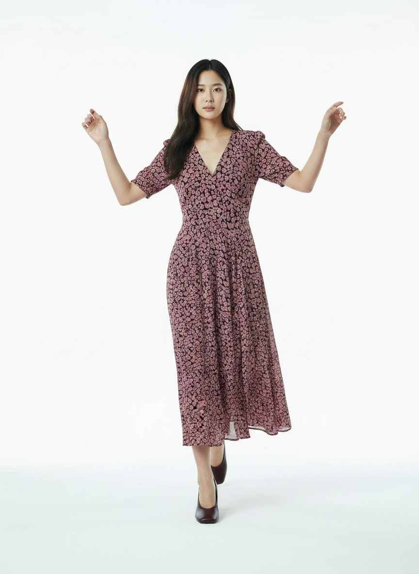 Ditsy Floral Dress – V-Neck Button Puff Sleeve - Multicolour