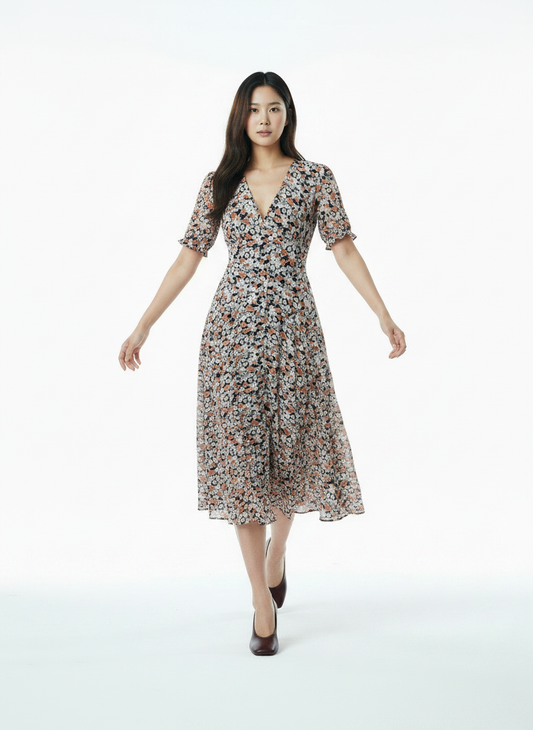 Ditsy Floral Dress – V-Neck Button Puff Sleeve - Multicolour