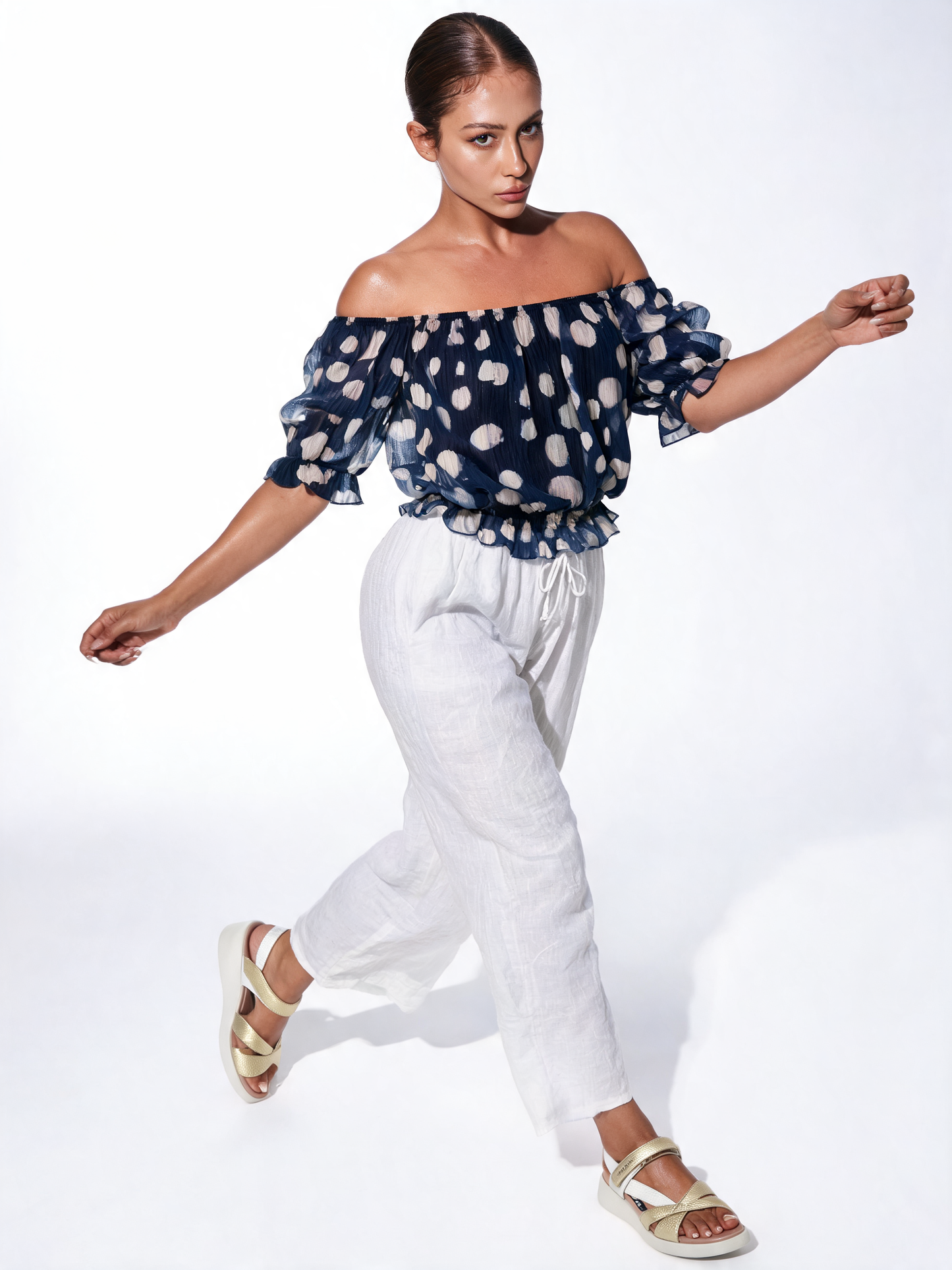 Polka Dot Chiffon Peasant Blouse - Navy