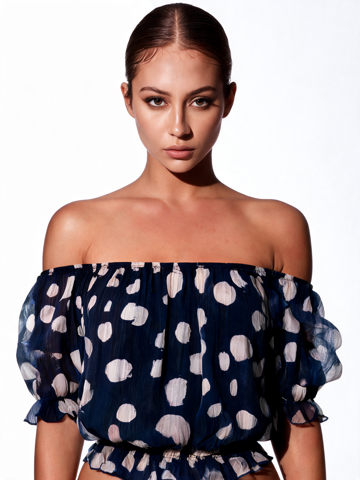 Polka Dot Chiffon Peasant Blouse - Navy