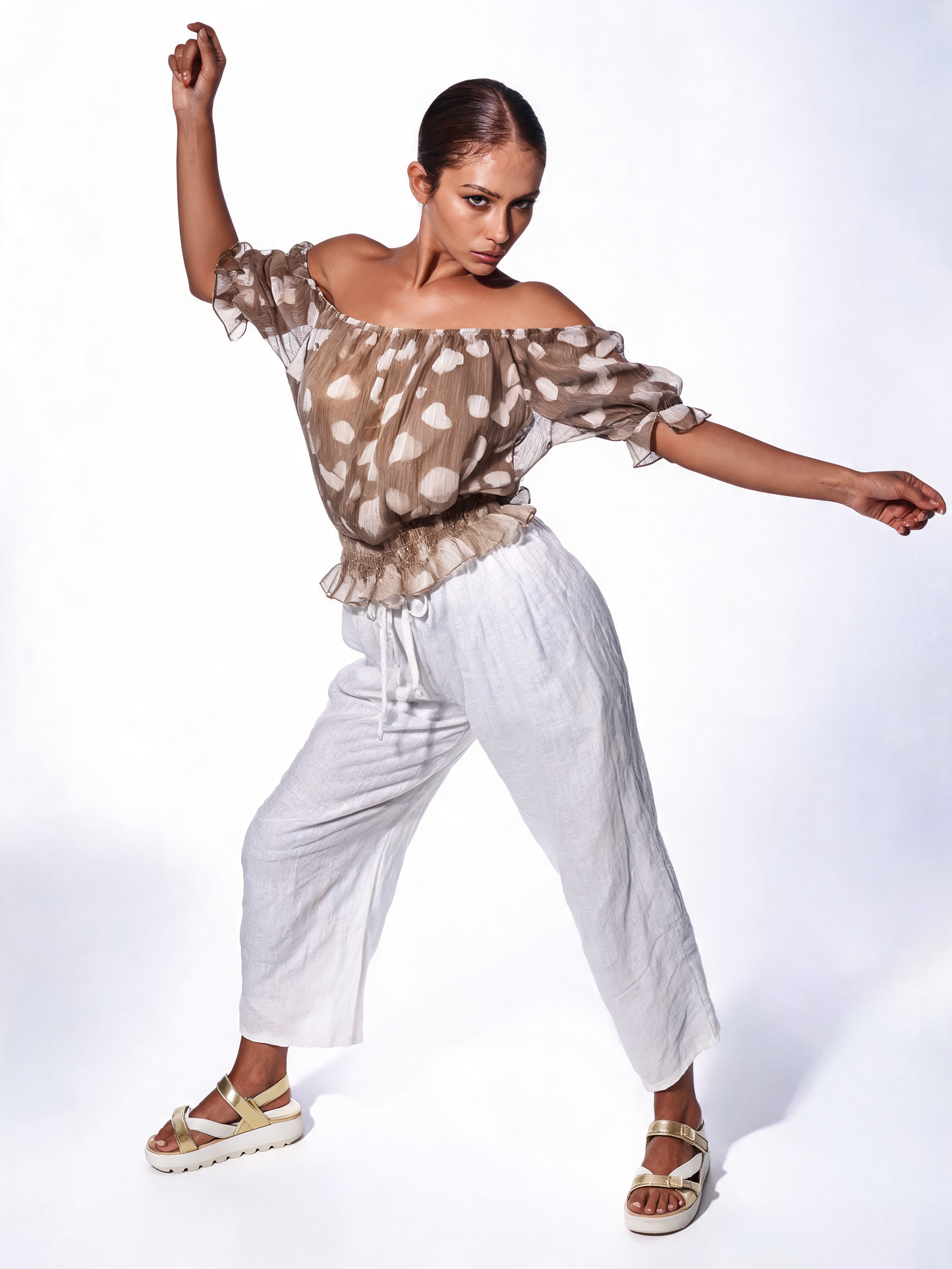 Polka Dot Chiffon Peasant Blouse - Beige