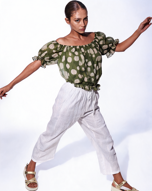 Polka Dot Chiffon Peasant Blouse - Khaki