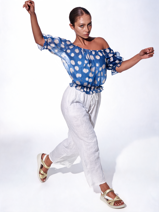 Polka Dot Chiffon Peasant Blouse - Sky Blue