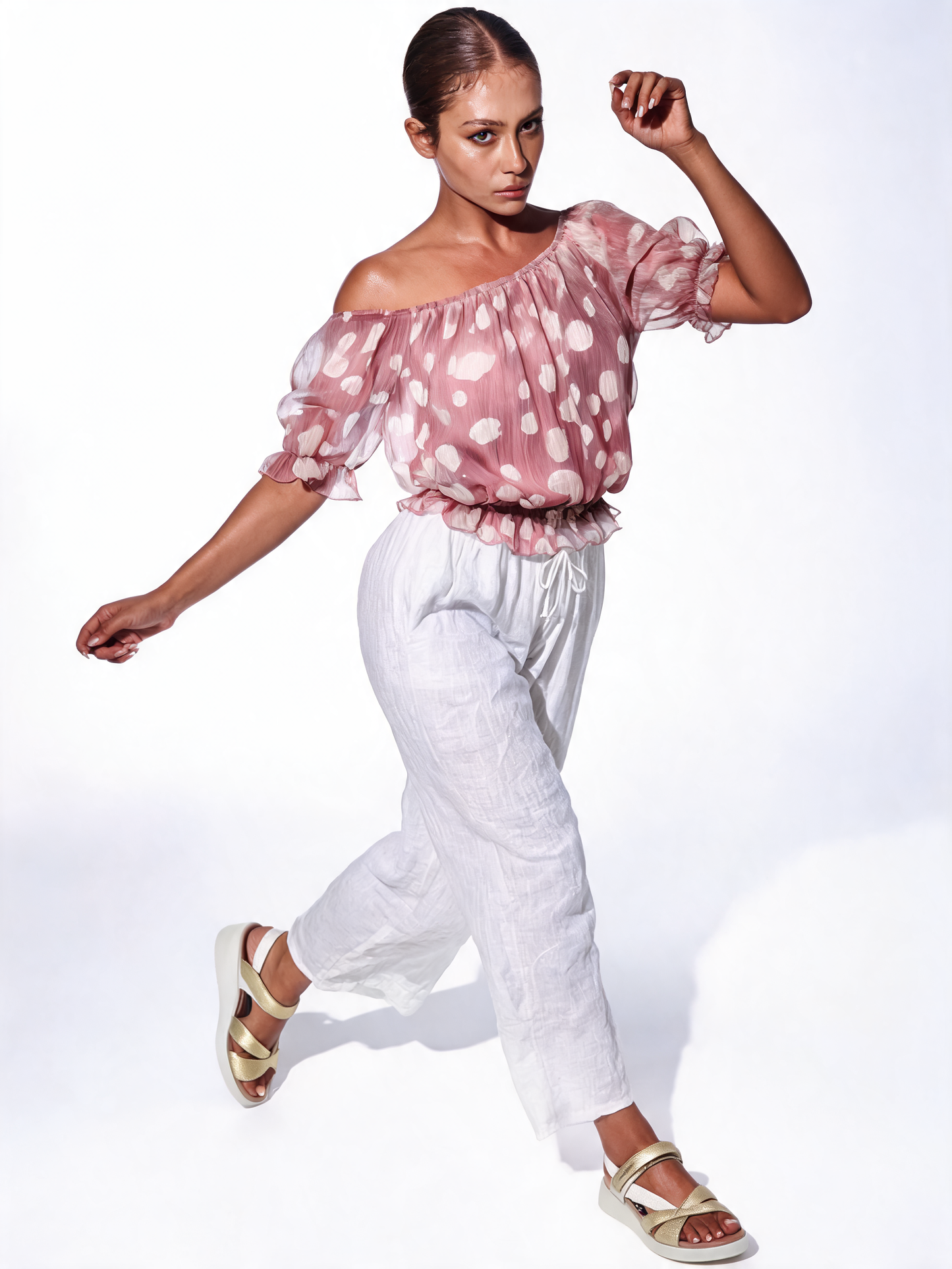 Polka Dot Chiffon Peasant Blouse - Pink