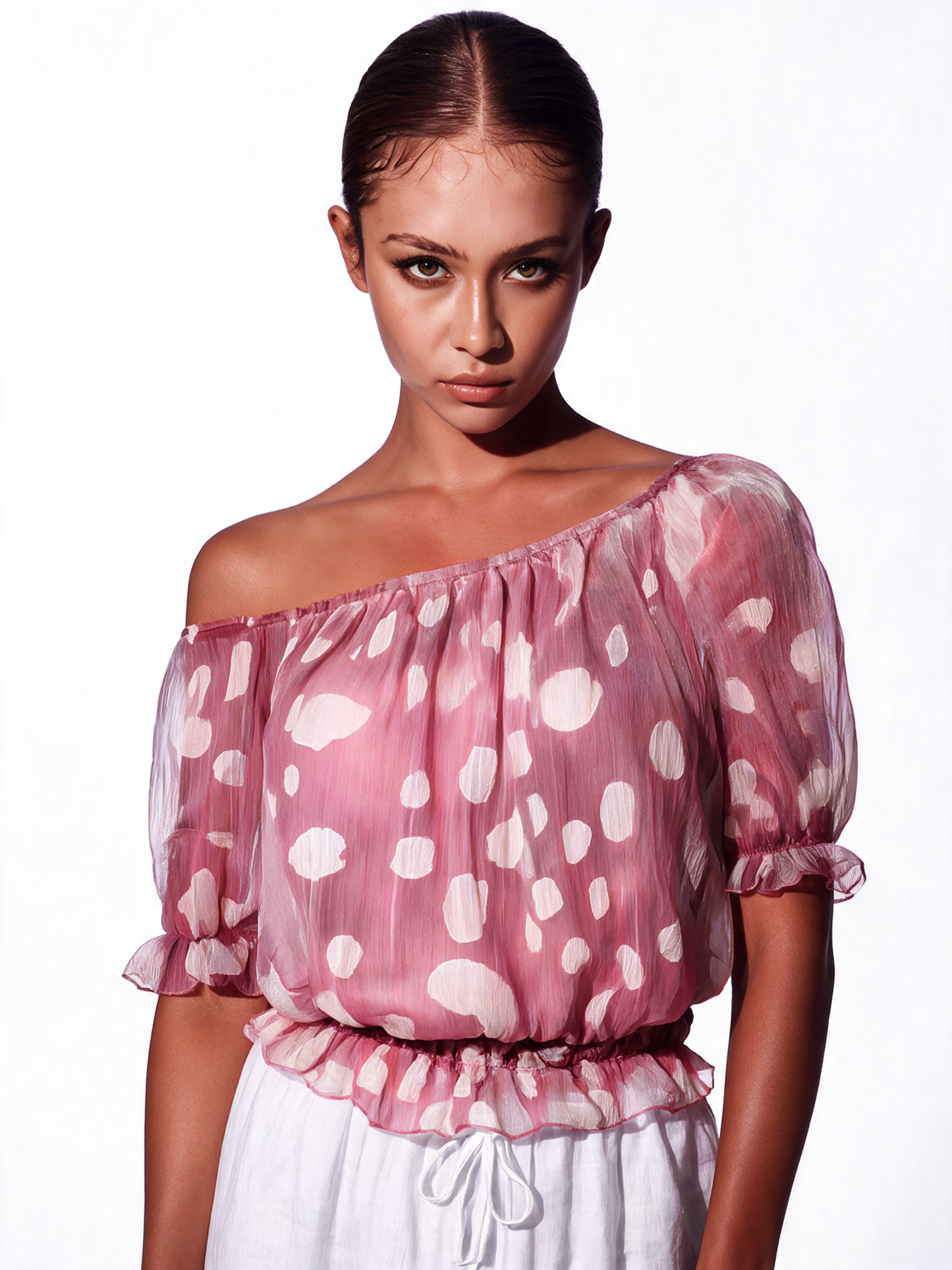 Polka Dot Chiffon Peasant Blouse - Pink