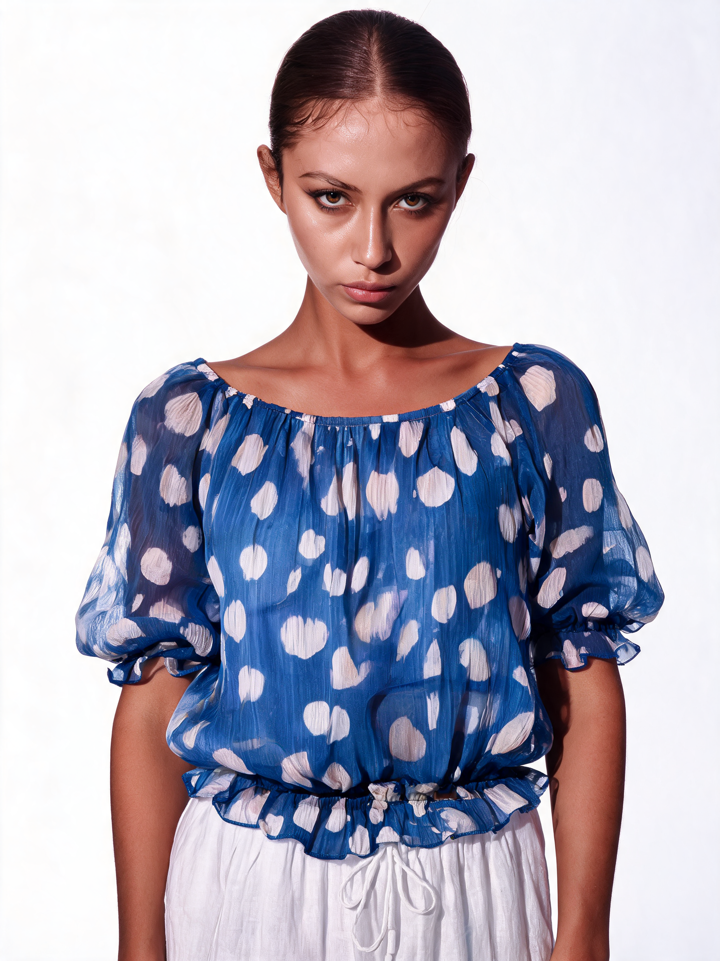 Bolletjes Chiffon Boerinnenblouse - Hemelsblauw