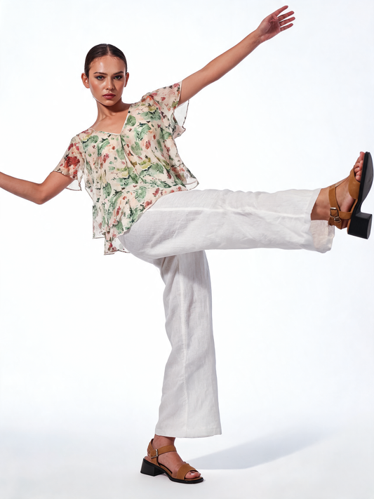 Botanical Reverie Watercolour Floral Tiered Chiffon Blouse - Sage