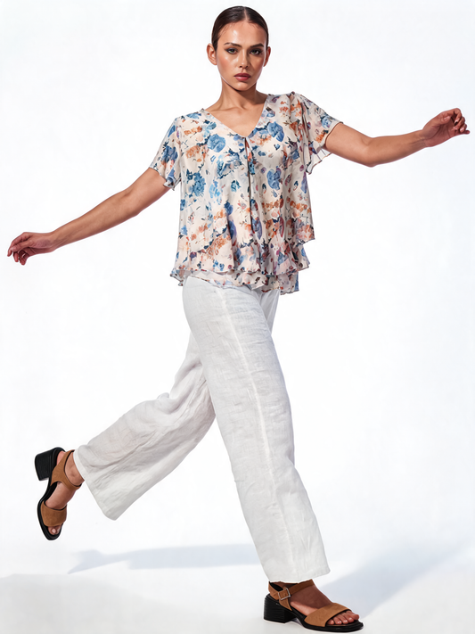 Botanical Reverie Watercolour Floral Tiered Chiffon Blouse - Blue