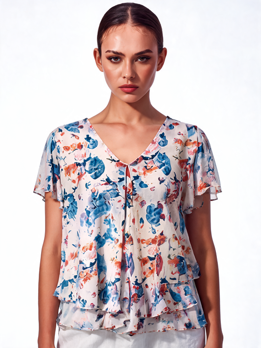 Botanical Reverie Watercolour Floral Tiered Chiffon Blouse - Blue