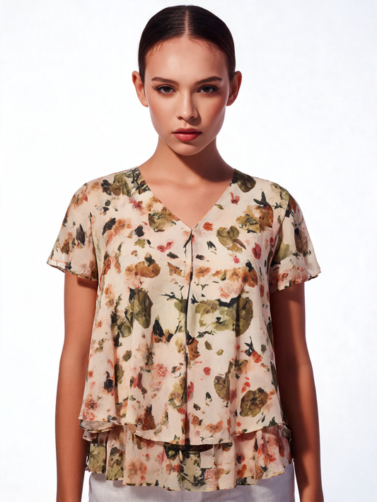 Botanical Reverie Watercolour Floral Tiered Chiffon Blouse - Khaki
