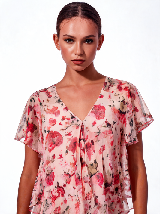 Botanical Reverie Watercolour Floral Tiered Chiffon Blouse - Pink