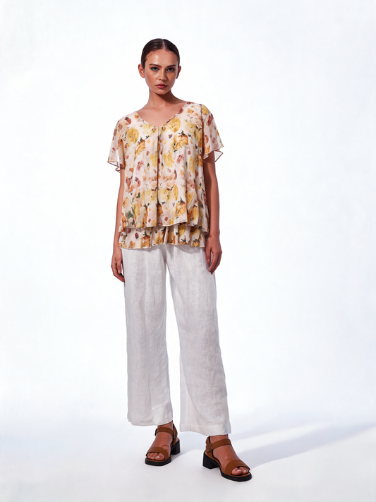 Botanical Reverie Watercolour Floral Tiered Chiffon Blouse - Lemon