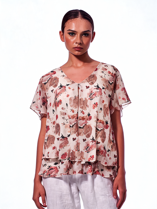 Botanical Reverie Watercolour Floral Tiered Chiffon Blouse - Beige