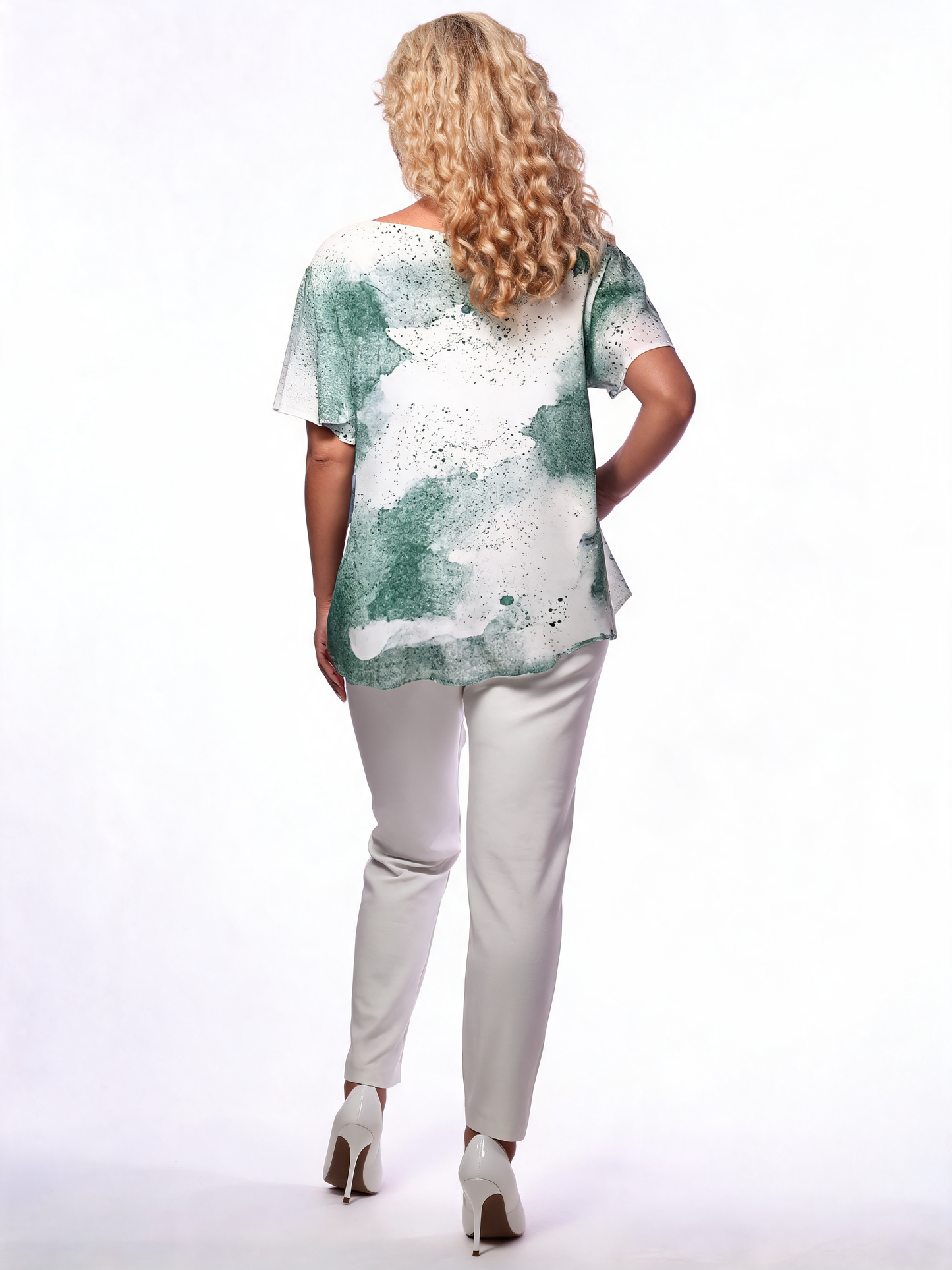 Peacock Feather Print Embellished Top - Green