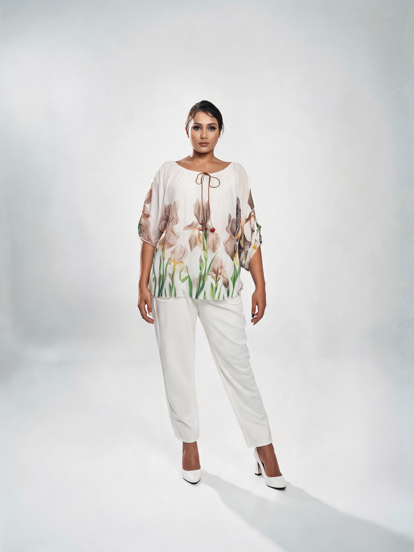 Iris Floral Print Chiffon Batwing Blouse - Beige