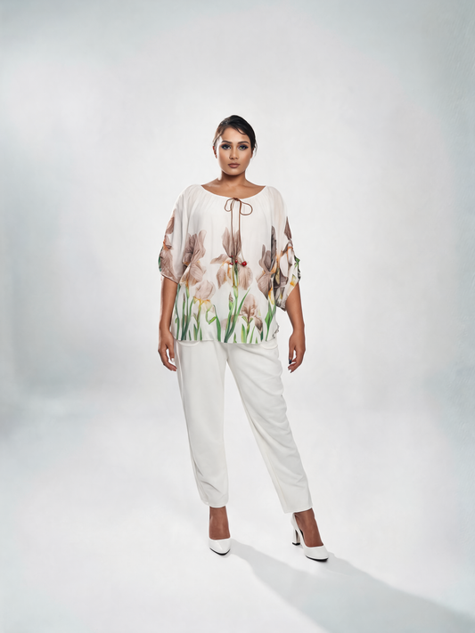 Iris Floral Print Chiffon Batwing Blouse - Beige