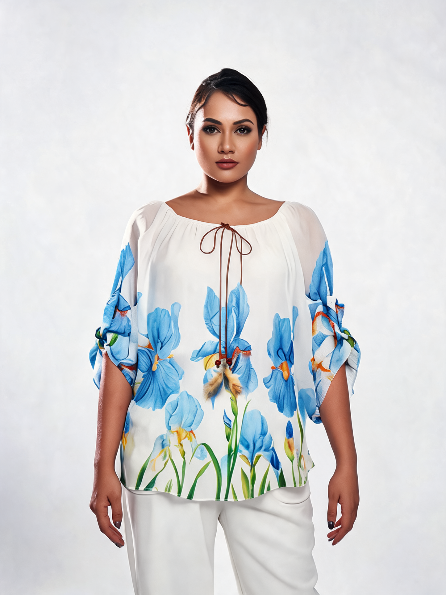 Iris Floral Print Chiffon Batwing Blouse - Sky Blue