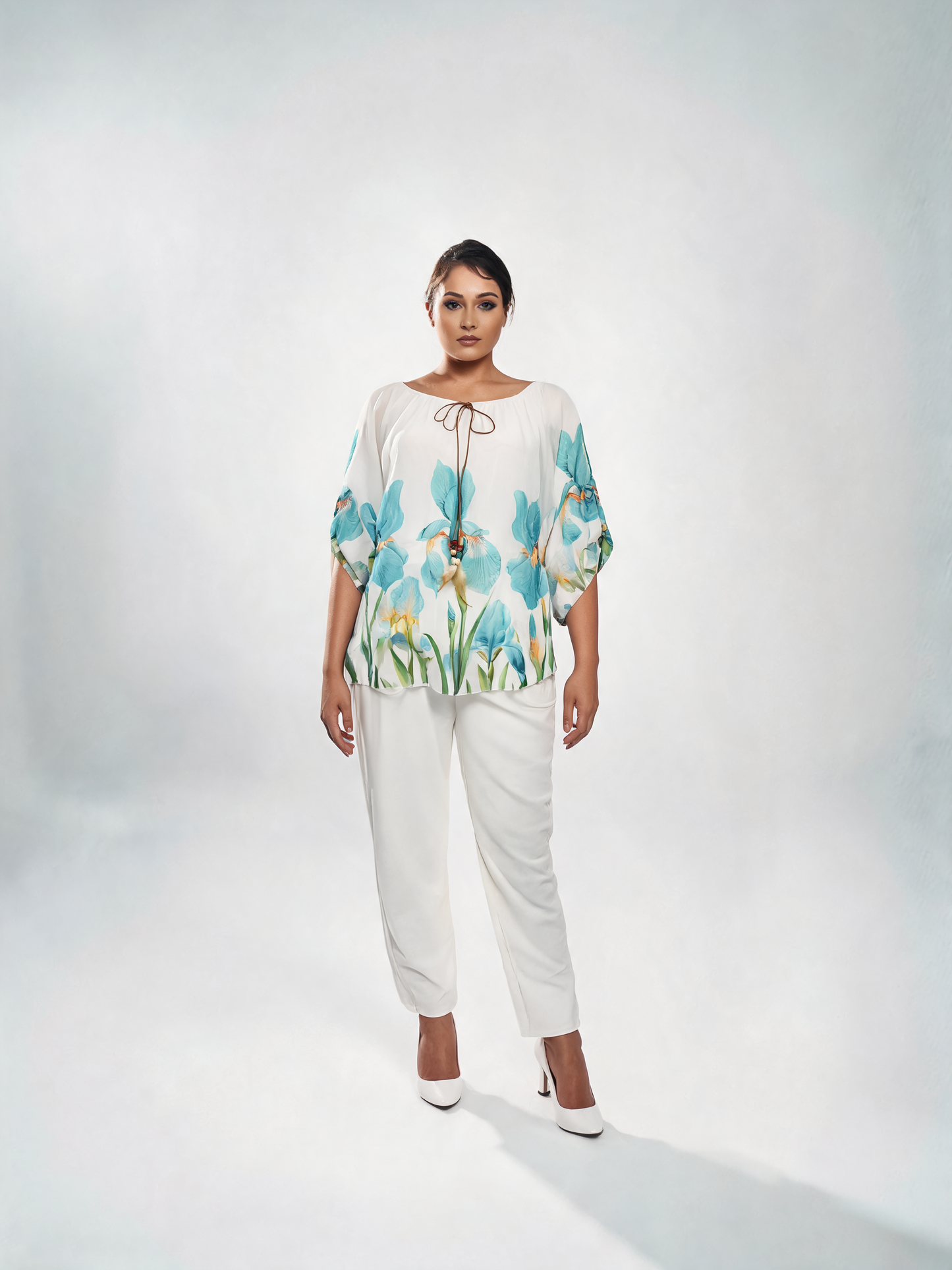 Iris Floral Print Chiffon Batwing Blouse - Mint