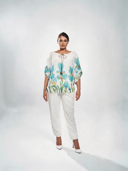 Iris Floral Print Chiffon Batwing Blouse - Mint