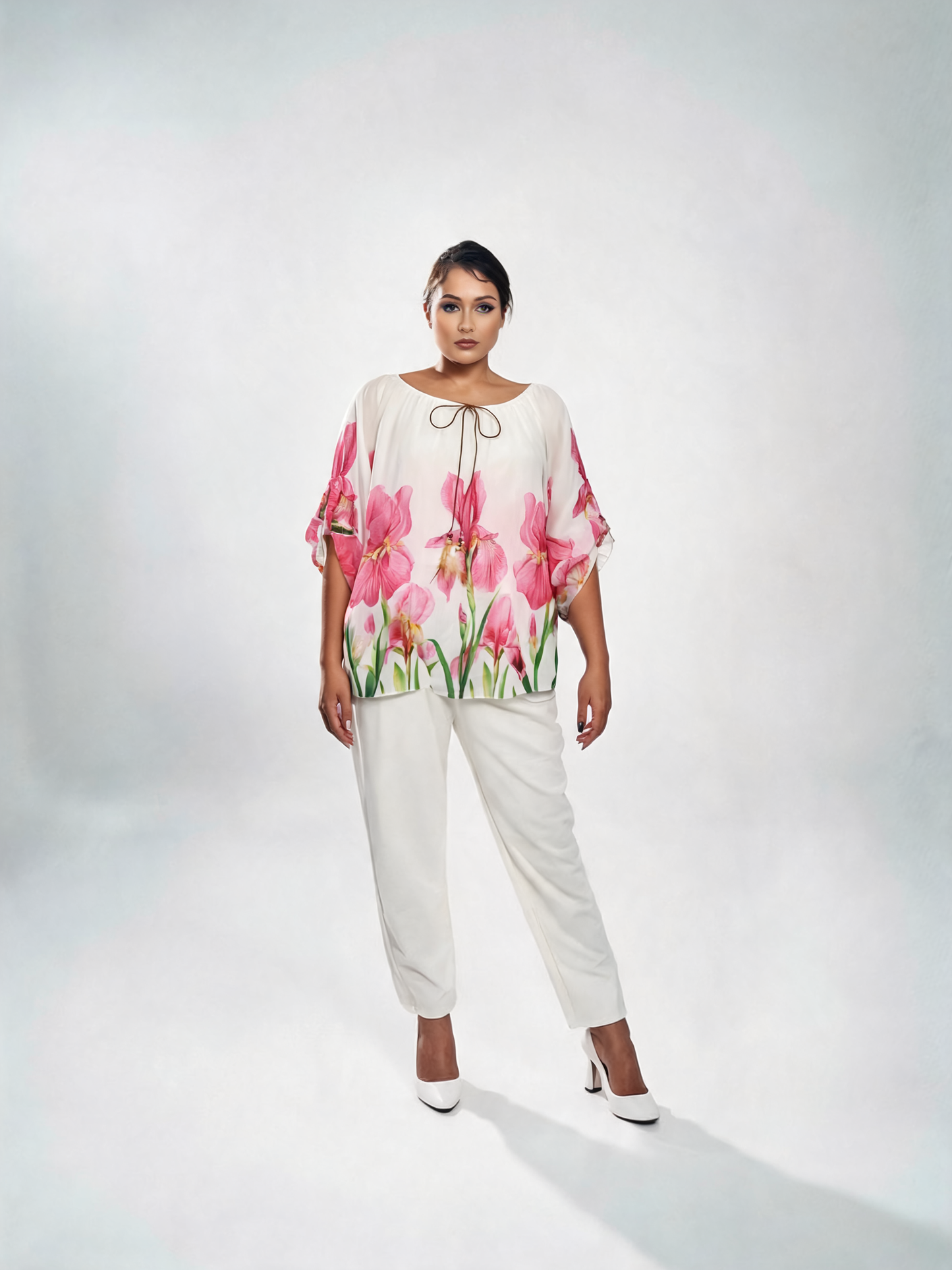 Iris Floral Print Chiffon Batwing Blouse - Fuchsia
