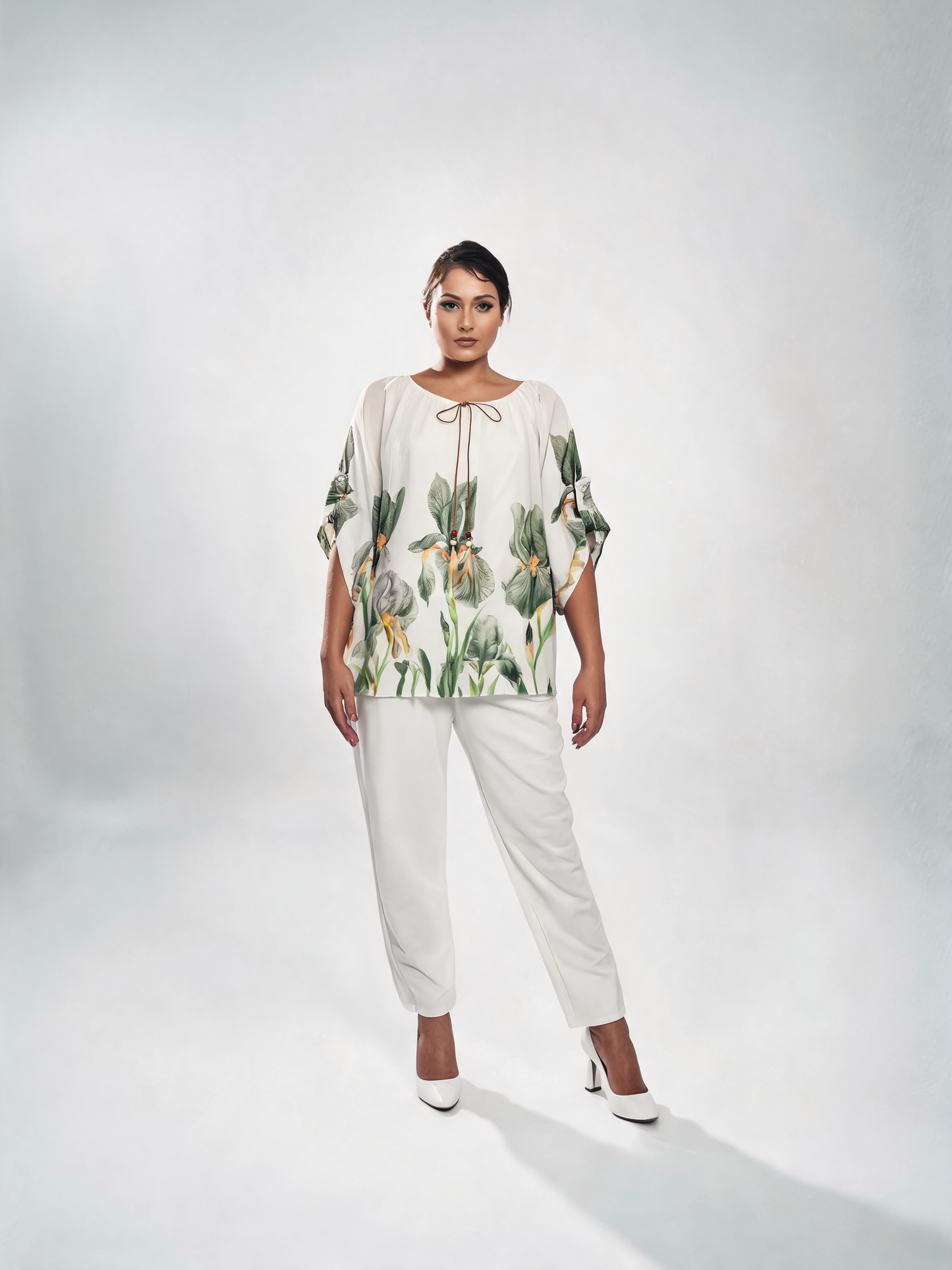 Iris Floral Print Chiffon Batwing Blouse - Khaki