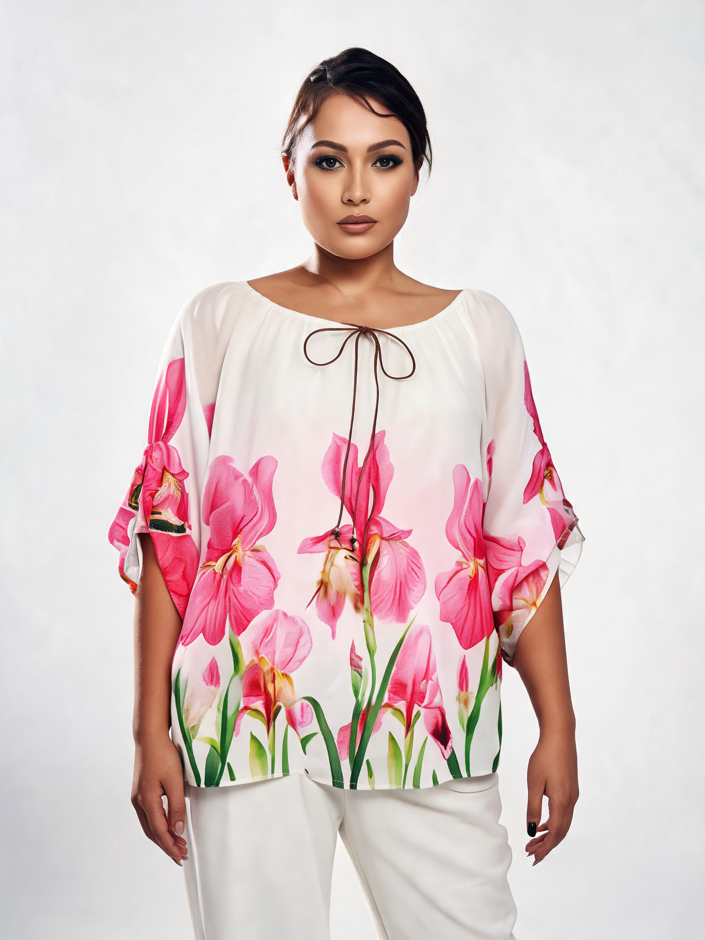 Iris Floral Print Chiffon Batwing Blouse - Fuchsia