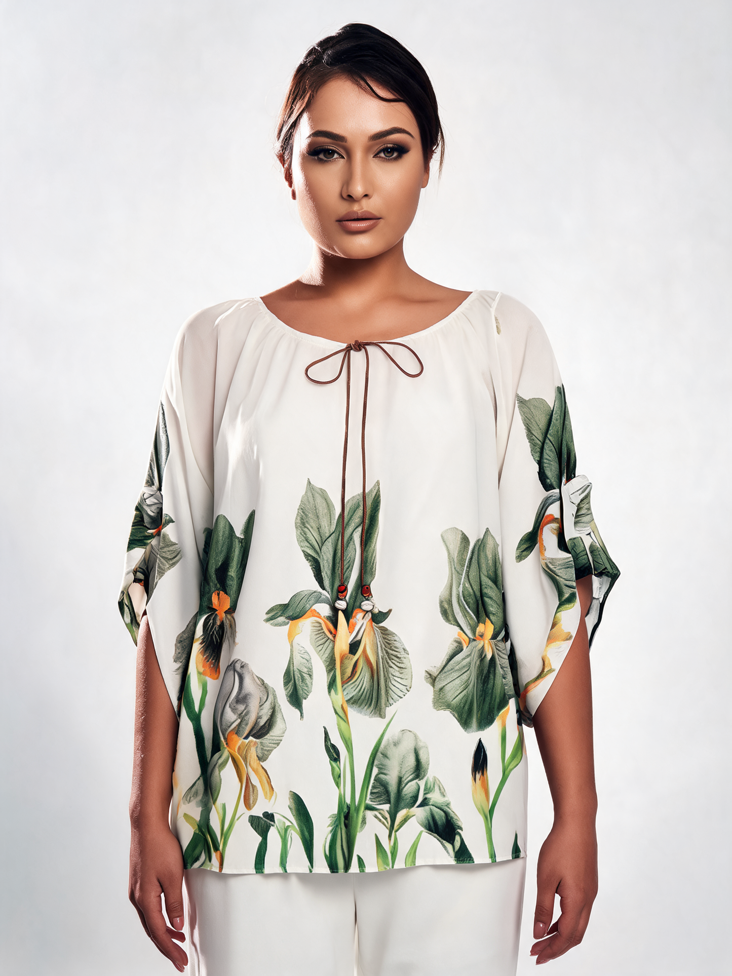 Iris Floral Print Chiffon Batwing Blouse - Khaki