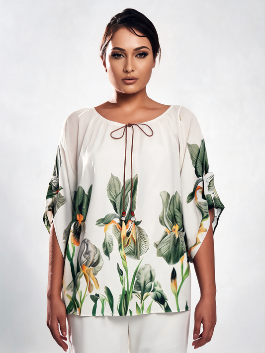 Iris Floral Print Chiffon Batwing Blouse - Khaki