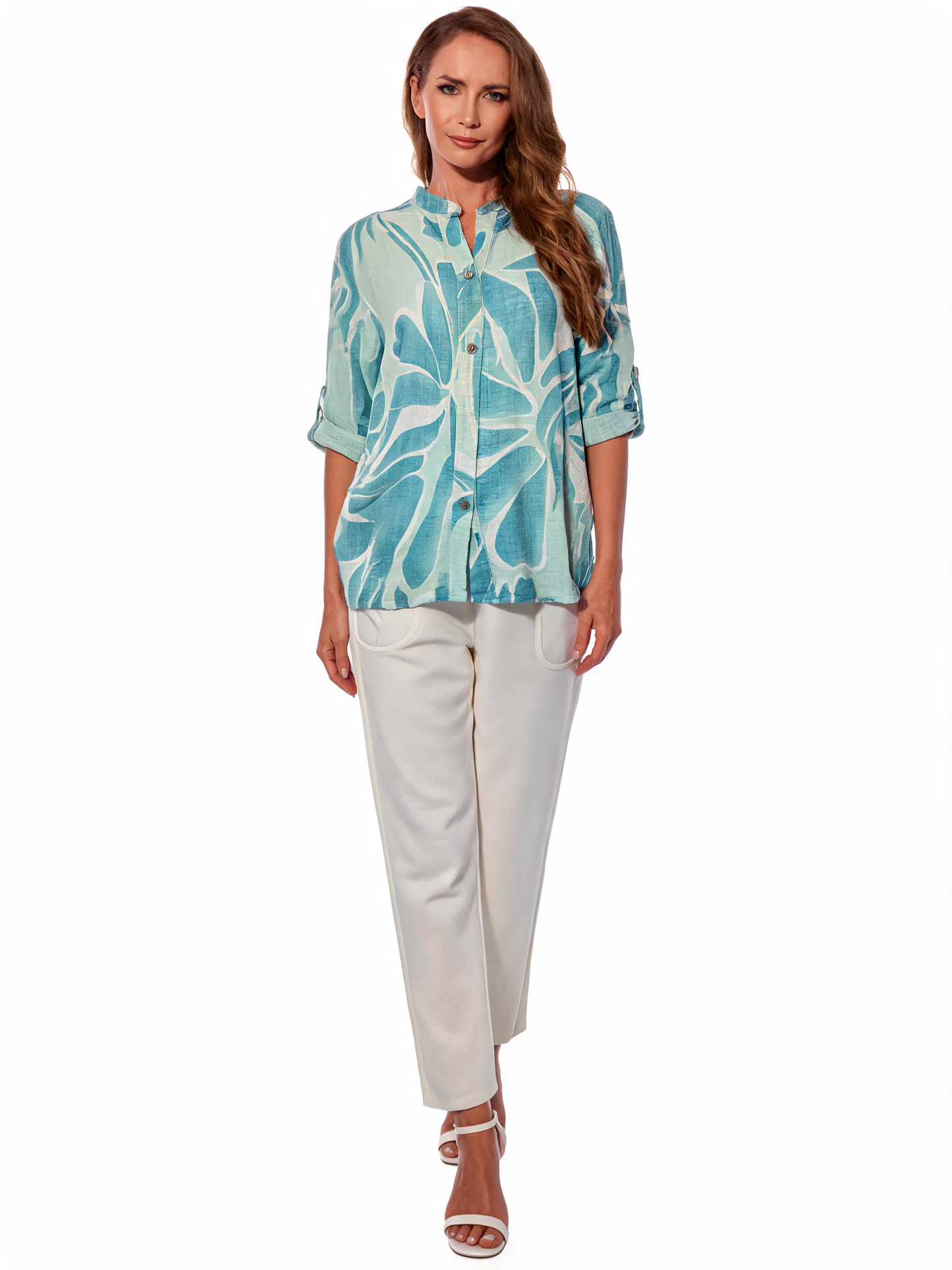 Tropical Leaf Print Button-Up Linen Shirt - Mint