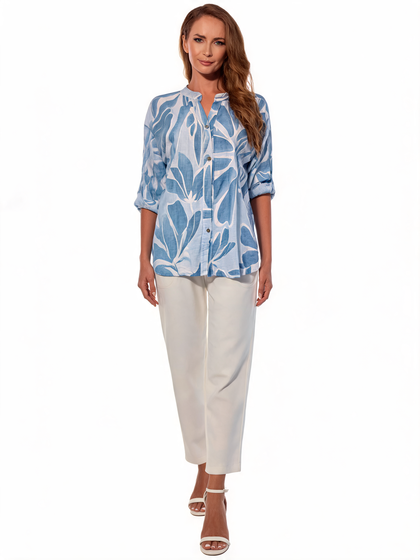 Tropical Leaf Print Button-Up Linen Shirt - Sky Blue