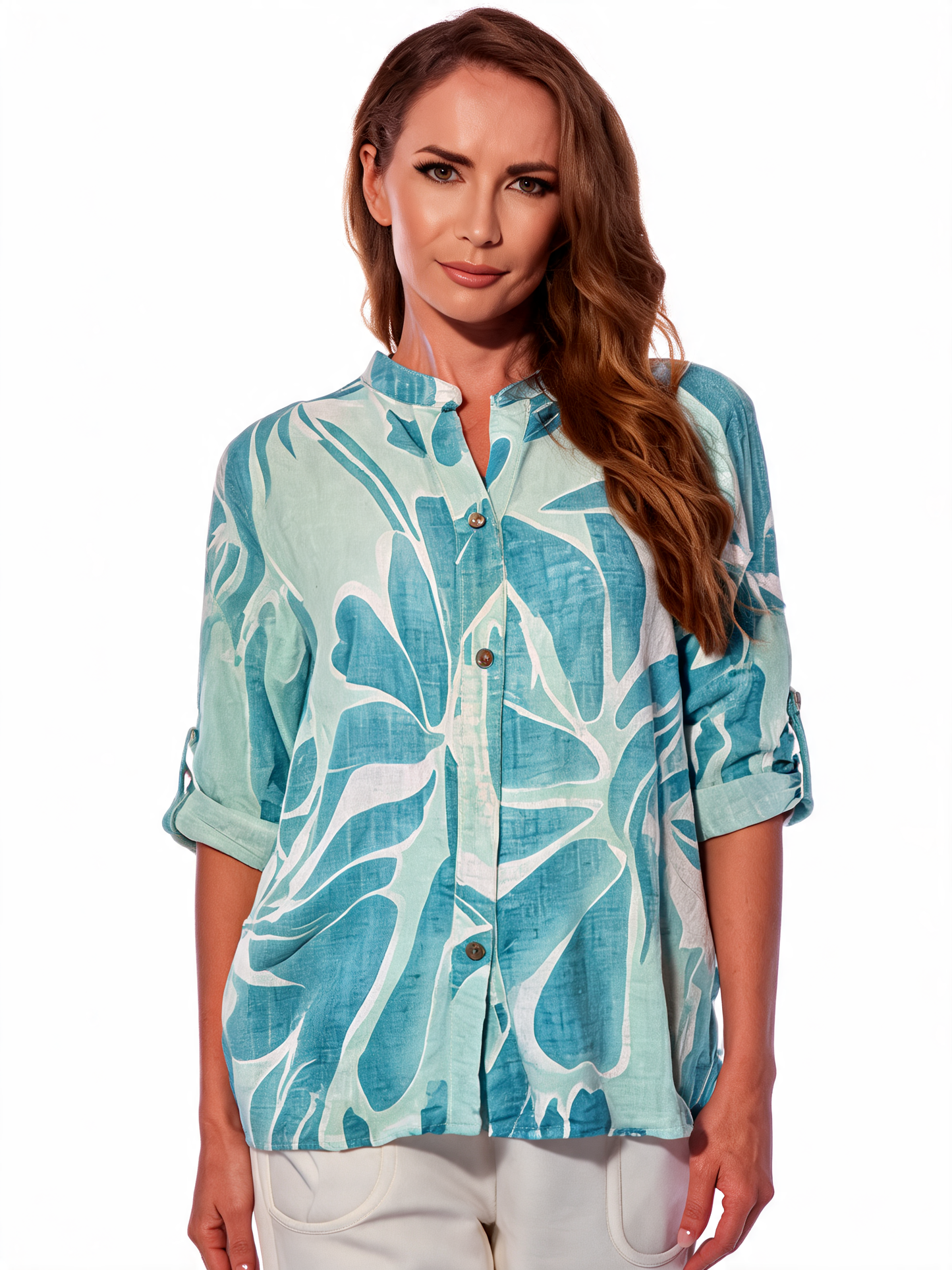 Tropical Leaf Print Button-Up Linen Shirt - Mint